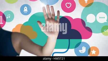 Womans hand against cloud computing icon Stock Photo
