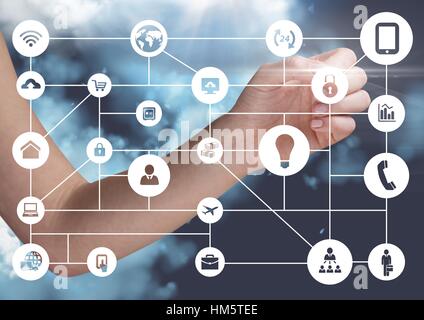 Woman hands touching digitally generated social networking icons Stock Photo