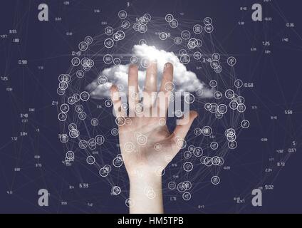 Hand touching connecting model against cloud Stock Photo
