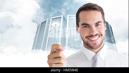 Digitally generated image of man holding cable with flare Stock Photo