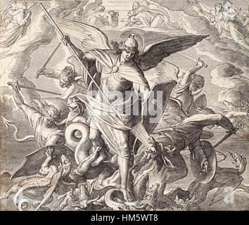 Archangel Michael fighting with dragon, engraving of Nazareene School, published in The Holy Bible, St.Vojtech Publishing, Trnava, Slovakia, 1937. Stock Photo