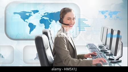Customer service executive working against world map interface Stock Photo