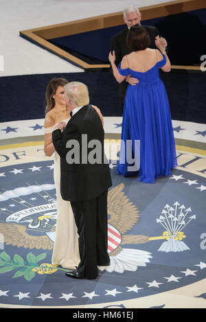 U.S. President Donald Trump dances with First Lady Melania Trump while Vice President Mike Pence dances with Second Lady Karen Pence at the Salute to Our Armed Services Ball at the National Building Museum January 20, 2017 in Washington, DC. Stock Photo
