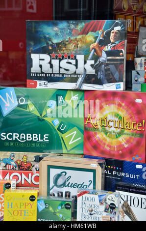 Various board games displayed in a shop window Stock Photo