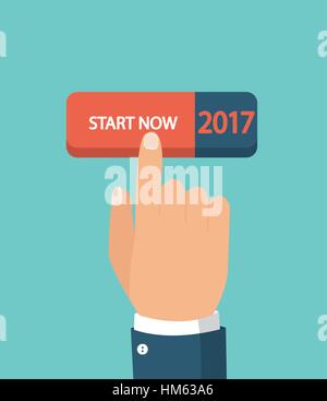 Hand pushing start button. New business, beginning and start up concept. Flat style. Stock Vector