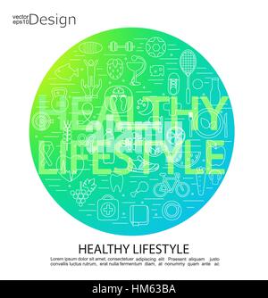 Smooth color gradient circle frame with food, sport, medical linear icons. Healthy lifestyle concept. Vector illustration. Stock Vector