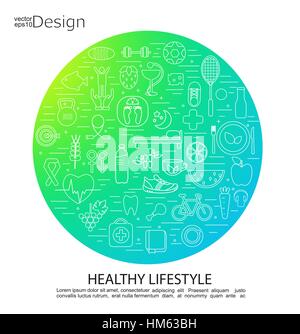 Smooth color gradient circle frame with line food, health, sport icons. Healthy lifestyle concept. Vector illustration. Stock Vector