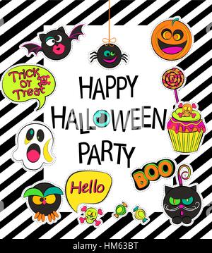 Set of stylish halloween card, sticers, poster, icons, patches in comic cartoon style on geometric background. Happy halloween party - lettering. Stock Vector