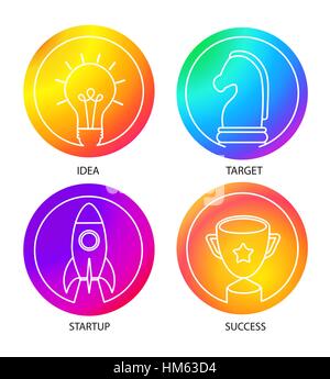 Smooth color gradient icon template set with business logo set. Start up, Idea, Success, strategy concept icons set. Vector illustration. Stock Vector
