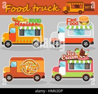 Set of vector illustrations food truck - ice cream, pizza, mexican and fast food. Stock Vector