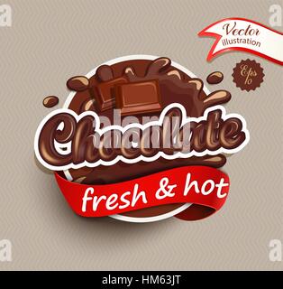 Vector illustration label of chocolate drops and blot with lettering . Sweet and stain and shape. Stock Vector