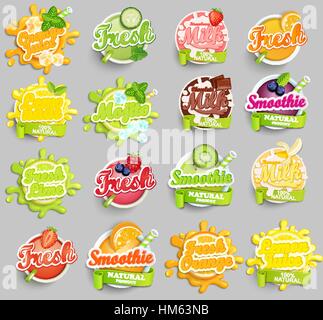 Big set of chocolate, banana, strawberry milk, orange, lemon, lime juece,smoothie and fresh labels splash. Lettering, splash and blot design. Stock Vector