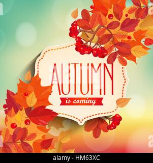Autumn is coming - background with colorful leaves and vintage frame with text. EPS 10 vector illustration. Stock Vector