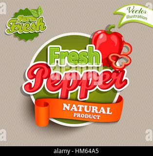 Farm fresh, organic food label - fresh pepper lettering, vector illustration. Concept for farmers market, natural product design. Vector illustration. Stock Vector