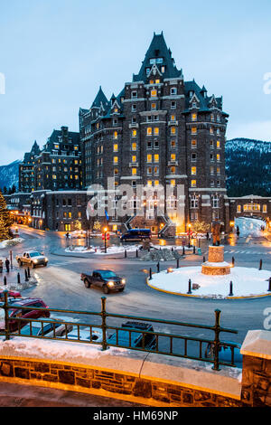 Dusk view of historic Fairmont Banff Springs hotel; c 1888; Banff, Alberta, Canada. 'Castle in the Rockies' Stock Photo