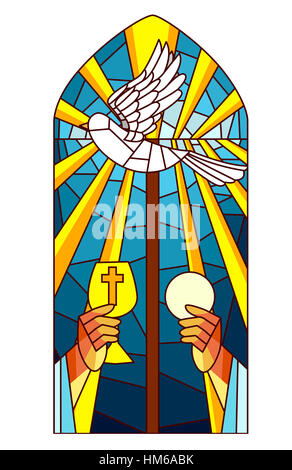 Stained Glass Illustration Featuring a Priest Raising the Host and the Chalice Stock Photo