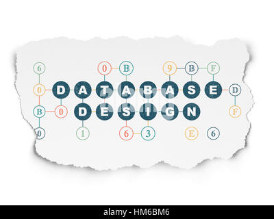 Programming concept: Painted blue text Database Design on Torn Paper background with Scheme Of Hexadecimal Code Stock Photo