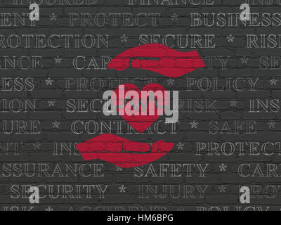 Insurance concept: Painted red Heart And Palm icon on Black Brick wall background with  Tag Cloud Stock Photo