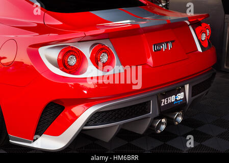 Customized Ford Mustang car, tribute to the Ford GT, at SEMA. Stock Photo