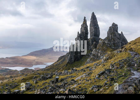 Rock needle Old Man of Storr, Trotternish Peninsula, Isle of Skye, Scotland, United Kingdom Stock Photo