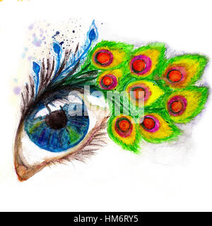 Colorful macro blue eye with peacock feather eyelashes hand drawn illustration. Watercolor and pencyl. Stock Photo