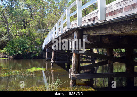 Historic wooden Varney Bridge across the Hacking River at Audley, Royal National Park, Sydney, Australia Stock Photo