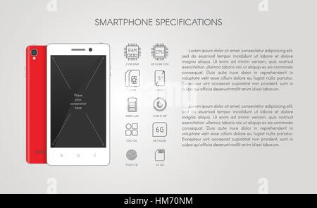 Smartphone specifications with flat line icons. Stock Vector