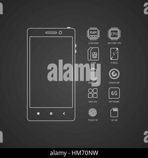 Smartphone specifications with flat line icons. Stock Vector
