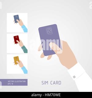 Hand holding SIM card. SIM card icon flat style. Stock Vector