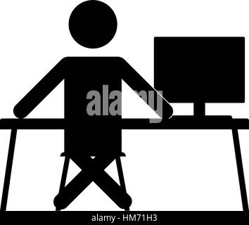 Businessman sitting on chair at table and working on computer. Vector silhouette. Man typing in office at desk and staring into monitor Stock Vector