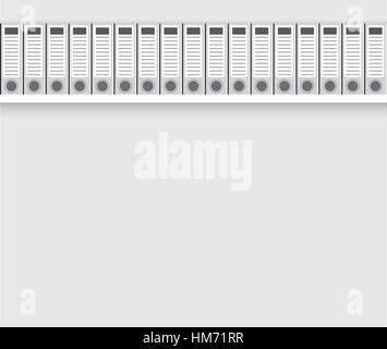 White lever arch folders on wooden shelf. Lever arch files mockup on white wall. Stock Vector