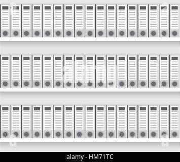 White lever arch folders on wooden shelf. Lever arch files mockup on white wall. Stock Vector