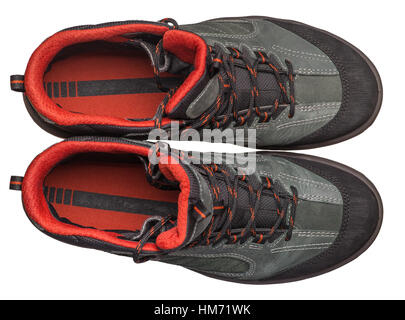 Pair of new hiking boots are photographed from above on a white background Stock Photo