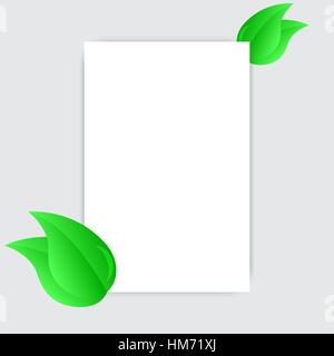Blank white sheet paper and green fresh spring leaves. Frame template. Vector Illustration Stock Vector