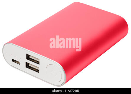 Pink external battery for smartphone on a white background Stock Photo