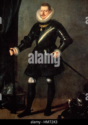 Philip III of Spain (1578-1621). King of Spain. Portrait of King Philip III with armour, 1617, by Pedro Antonio Vidal (b.1570). Prado Museum. Madrid. Spain. Stock Photo