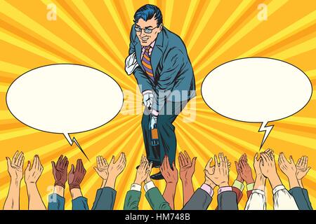 Congratulations, a businessman opens the champagne, hands applau Stock Vector