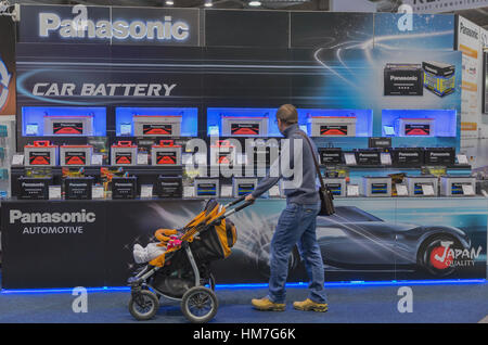 KIEV, UKRAINE - OCTOBER 11, 2015: People visit Panasonic, Japan electronics manufacturer company booth during CEE 2015, the largest electronics trade  Stock Photo