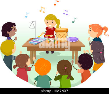 Stickman Illustration of Kids Playing Musical Instruments in Class Stock Photo