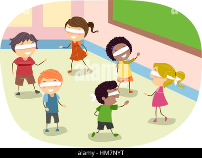 Stickman Illustration of Children Playing a Blindfold Game in Class Stock Photo