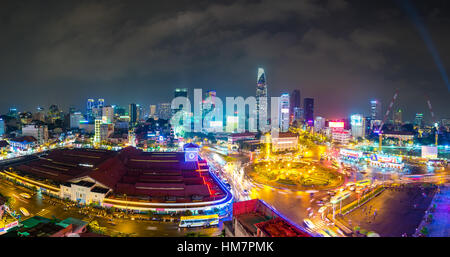 Impression, colorful, vibrant scene of traffic, dynamic, crowded city on street, Quach Thi Trang roundabout at Ben Thanh market, Ho Chi Minh city, Vie Stock Photo