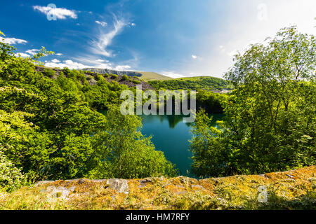 Looking across the disused Cornwall Slate Quarry, Nantlle, Gwynedd, Wales, United Kingdom. Flooded with water. Stock Photo