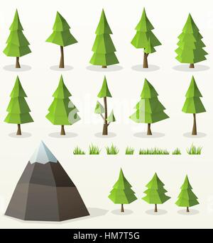 low poly conifer trees set Stock Vector