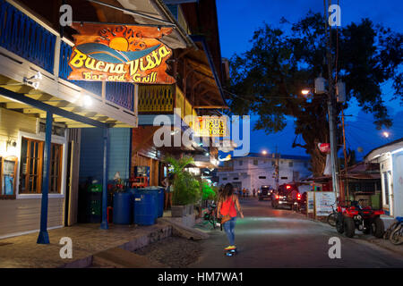 Panama, Bocas del Toro Province, Colon Island (Isla Colon),  main street. Bocas del Toro, Panama by night. Restaurants and hotels.  Buena Vista bar an Stock Photo