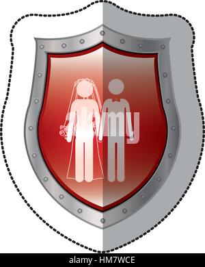 sticker metallic shield with pictogram of wedding couple with costumes vector illustration Stock Vector