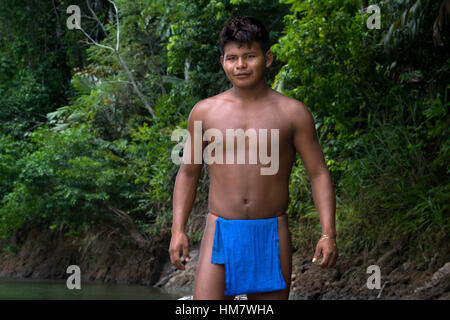 Portrait of Native Indian Embera tribe. Villagers of the Native Indian Embera Tribe, Embera Village, Panama. Panama Embera people Indian Village Indig Stock Photo