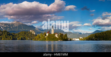 Afternoon sunlight over St Marys Church of the Assumption, Lake Bled, Upper Carniola, Slovenia Stock Photo
