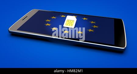 Mobile Phone and sim card, abolition of roaming in the European Union. Europe flag Stock Photo