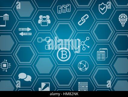 Bitcoin and blockchain blue and grey background with blurred city skyline and polygon overlay Stock Vector