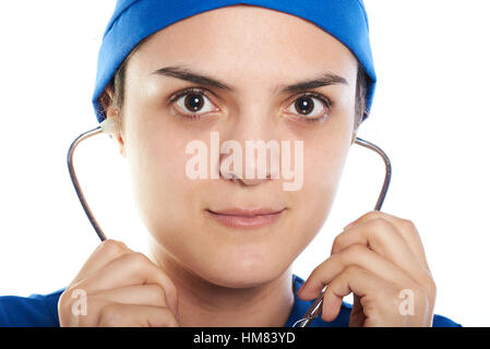 close look of an intern listening with a stethoscope Stock Photo
